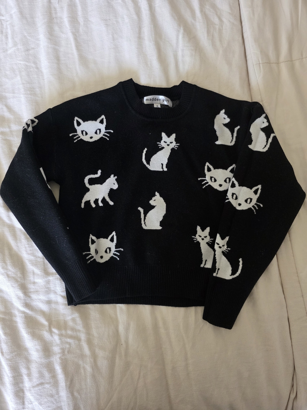 Madden Girl Black Sweater with White Cat Motifs